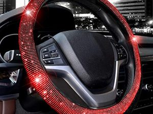 Valleycomfy Steering Wheel Cover for Women Bling Bling Crystal Diamond Sparkling Car SUV Wheel Protector Universal Fit 15 Inch (Black with Red Diamond