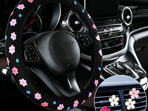 Cute Steering Wheel Cover Flower Steering Wheel Cover Floral Steering Wheel Cover for Girls with 4 Pieces Cute Flowers Car Air Vent Clips for Women Girls Car Decorations (Vivid Pattern)