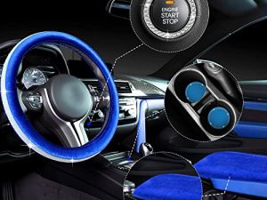 5 Pieces Bling Car Accessories Set Crystal Diamond Car Steering Wheel Cover Faux Fur Auto Center Console Pad Cup Insert Coasters Rhinestone Ring Sticker for Car Decor (Royal Blue)