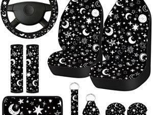 Frienda Moon Star Car Seat Cover for Women Men Rubber Steering Wheel Cover Seat Belt Pads Armrest Pad Cover Keychain Wrist Holder Fit Most Car SUV for Halloween (Cute Pattern)