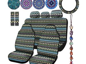 Frienda 14 Pcs Baja Car Seat Covers Full Set Multicolor Stripe Car Seat Covers Boho Print Steering Wheel Cover Seat Belt Cover Crystal Hanging Ornament Car Holders Fits for Car (Bohemia Style)