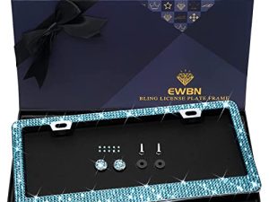 Bling Rhinestone License Plate Frame for Women，Diamond Sparkly License Plate Frames| Stainless Steel Frames & Over 1200 pcs Finest 14 Facets Glass Crystals Premium Diamond+GiftBox(Blue)