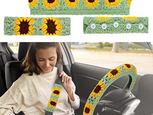 2 Pcs Crochet Steering Wheel Cover with Crochet Belt Cover Sunflower Steering Wheel Cover Handmade Crochet Flower Steering Wheel Cover for Women Girl Cars (Yellow