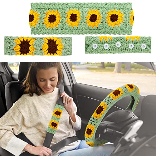 2 Pcs Crochet Steering Wheel Cover with Crochet Belt Cover Sunflower Steering Wheel Cover Handmade Crochet Flower Steering Wheel Cover for Women Girl Cars (Yellow 2 Pcs Crochet Steering Wheel Cover with Crochet Belt Cover Sunflower Steering Wheel Cover Handmade Crochet Flower Steering Wheel Cover for Women Girl Cars (Yellow