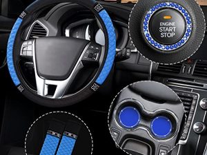 6 Pieces Steering Wheel Cover for Women Diamond Leather Car Seat Belt Shoulder Pads Cup Holder Insert Cup Holders Rhinestone Ring Sticker Emblem with Crystal Rhinestones Car Decoration (Blue)