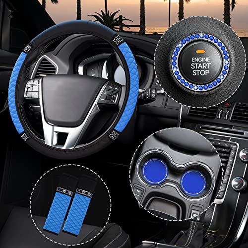 6 Pieces Steering Wheel Cover for Women Diamond Leather Car Seat Belt Shoulder Pads Cup Holder Insert Cup Holders Rhinestone Ring Sticker Emblem with Crystal Rhinestones Car Decoration (Blue) 6 Pieces Steering Wheel Cover for Women Diamond Leather Car Seat Belt Shoulder Pads Cup Holder Insert Cup Holders Rhinestone Ring Sticker Emblem with Crystal Rhinestones Car Decoration (Blue)