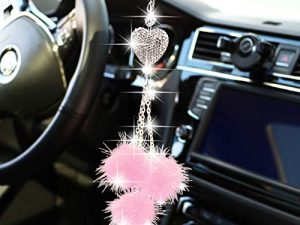 YIDEXIN Bling Car Mirror Accessories for Women £¦ Men Bling Love Heart and Pink Plush ball Bling Rinestones Diamond Car Accessories Crystal Car Rear View Mirror Charms