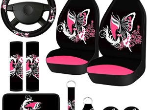 Frienda Butterfly Car Seat Covers for Women Butterfly Car Accessories Interior Seat Covers Rubber Steering Wheel Wrist Strap Armrest Seatbelt Cover Keychain(Delicate Style)