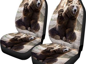 Buybai Car Seat Covers 2Pcs Trendy Brown Bear Waving Pattern Front Bucket Seat Cover Velvet Fabric Black Auto Accessories Universal Fits for Most Cars