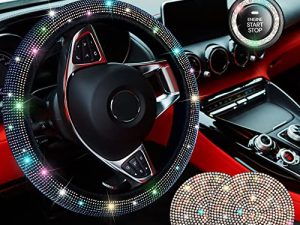 5 PCS Crystal Diamond Bling Steering Wheel Cover Car Rhinestone Sticker for Car Start Button Starter Ring Car Interior Accessories (Rainbow)