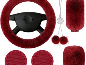 Frienda 6 Pieces Fluffy Car Accessories Set Fluffy Steering Wheel Cover Soft Fuzz Handbrake Cover Gear Shift Cover Bling Car Mirror Fuzz Car Decoration 2 Pieces Bling Car (Wine Red