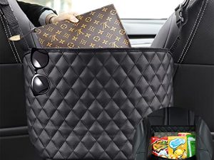 SunlightXS Car Net Pocket Handbag Holder，Purse Holder for Car Between Seats，Leather Seat Back Organizer Mesh Large Capacity Bag，Handbag Between The Two Seats of The Car