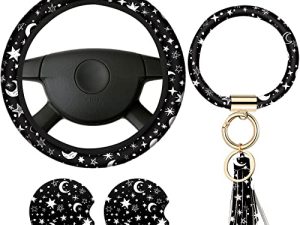 4 Pieces Black Moons White Stars Print Car Accessories Set Black Moons White Stars Steering Wheel Cover with 2 Pieces Car Cup Mats and Leather Keyring for Car Truck Suv(Vivid Pattern)