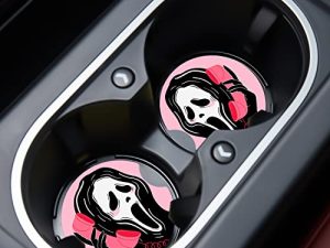 Jupswan Car Cupholder Coaster Absorbent 2 Pack Funny Fun Skull Design Pink Rubber New Automotive Cup Holder Decal Decor Accessories for Women Men DZ289
