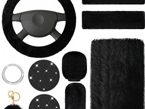 10 Pieces Fluffy Steering Wheel Covers Handbrake Cover Seat Belt Shoulder Pads Gear Shift Cover Diamond Tray Ignition Ring Ball Key Chain Armrest Box Mat (Black)