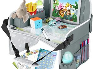 MENZOKE Kids Travel Tray Car Seat Tray for Kids Travel Gifts with Educational Drawing Board，Tablet Holder & Cooler Cup Holder， Road Trip Essentials Kids for Toddler Car Trip