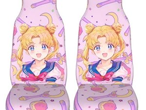 meiystyle Cute Anime Car Seat Cover for Women 2 PCS Front Seat Covers Pink Sailor Moon Car Accessories Fits Most Cars SUVs Trucks
