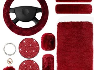 10 Pieces Fluffy Steering Wheel Covers Handbrake Cover Seat Belt Shoulder Pads Gear Shift Cover Diamond Ignition Ring Ball Key Chain Armrest Box Mat (Wine Red)