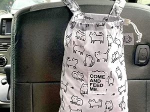 FLOCK THREE Hanging Car Trash Bag Foldable Fun Sturdy Trash Container Storage Waterproof Car Trash Bin with Velkro Cute Grocery Organizer Bag for Automotive Front Seat Headrest Trash Can (Cute Cats)