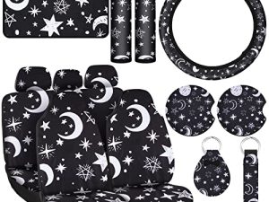 15 Pieces Moon and Stars Car Seat Cover Full Set for Women Men Upgrade Thick Car Front Seat Covers Universal Steering Wheel Cover Separate Headrest Cover Seat Belt Pads for Auto Truck (Moon Pattern)