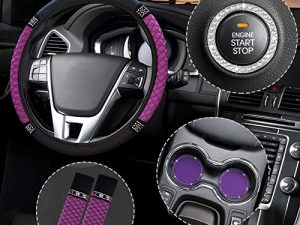 6 Pieces Steering Wheel Cover for Women Diamond Leather Car Seat Belt Shoulder Pads Cup Holder Insert Holders Rhinestone Ring Sticker Emblem with Crystal Rhinestones Car Decoration (Purple)