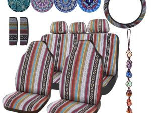 14 Pcs Baja Car Seat Covers Full Set Multicolor Stripe Car Seat Covers Boho Print Steering Wheel Cover Seat Belt Cover Crystal Hanging Ornament Car Holders Fits for Car (Stripe Style)
