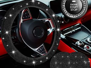 5 PCS Crystal Diamond Bling Steering Wheel Cover Car Coaster Rhinestone Sticker for Car Start Button Starter Ring Car Interior Accessories(Black with Black Diamond)