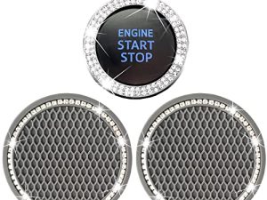 2 Car Cup Holder Coaster and 1 Crystal Rhinestone Car Engine Push Start Stop Decoration Bling Ring