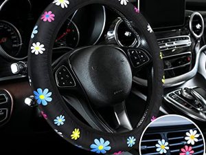 Cute Steering Wheel Cover Flower Steering Wheel Cover Floral Steering Wheel Cover for Girls with 4 Pieces Cute Flowers Car Air Vent Clips for Women Girls Car Decorations (Daisy Style)
