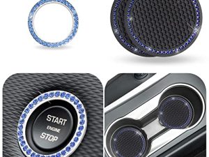 EcoNour Car Cup Coasters Black (2 Pack) with Blue Push Start Button Bling Ring (1 Pack) | Anti-Slip Car Coasters for Cup Holders | Classy & Elegant Blue Rhinestone Car Interior Accessories for Women