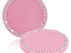 Andalus 2.75 Inch Car Coasters for Cup Holders - Universal Bling Car Accessories - Anti Slip Vehicle Insert Coaster Decor - Car Interior Cup Holder for Men and Women - (Pink with White Diamonds) 2pc