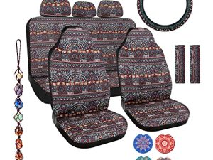 Frienda 14 Pcs Baja Car Seat Covers Full Set Multicolor Stripe Car Seat Covers Boho Print Steering Wheel Cover Seat Belt Cover Crystal Hanging Ornament Car Holders Fits for Car (Boho Style)