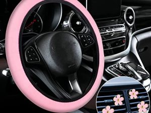 Cute Steering Wheel Cover Flower Steering Wheel Cover Floral Steering Wheel Cover for Girls with 4 Pieces Cute Flowers Car Air Vent Clips for Women Girls Car Decorations (Pink Pattern)