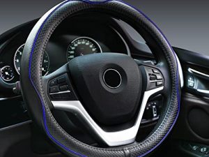 Rueesh Microfiber Leather Steering Wheel Cover Anti-Slip Matte Finish Auto Car Wheel Cover Universal 15 Inch Wheel Cover for Car Embossing Pattern Blue Line