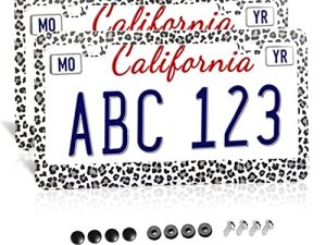 Snow Leopard Cheetah Print License Plate Frame for Women Snow Cheetah License Plate car tag Frames for Women Aluminum Metal 2 Holes 2 Pack 2 Pcs Set Decorative for Women Vehicles