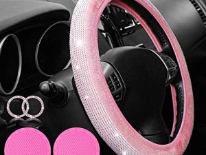 5 PCS Crystal Diamond Bling Steering Wheel Cover Car Coaster Rhinestone Sticker for Car Start Button Starter Ring Car Interior Accessories(Pink with White Diamond)