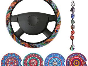 6 Piece Mandala Car Accessories Set Include Absorbent Mandala Ceramic Car Cup Mats Boho Steering Wheel Cover Handmade Crystal Window Car Hanging Ornaments for Women Car Decor (Vivid Style
