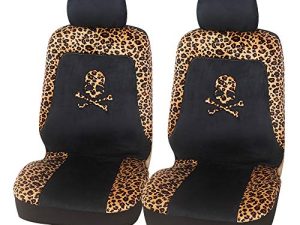 AUTOYOUTH 2PCS Trendy Leopard Skull Pattern Integrated Front Bucket Seat Cover Velvet Fabric Black Auto Accessories Universal Fits for Most Cars