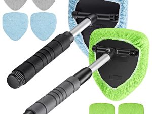 2 Sets Windshield Cleaner Car Window Cleaner Car Window Cleaning Tool Glass Cleaner Wiper with Detachable Handle Microfiber Pads and Spray Bottle Car Cleanser Brush Car Cleaning Kit (Blue Green Gray)