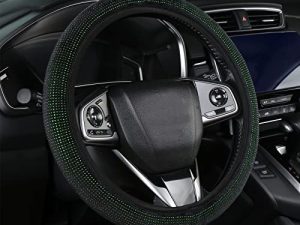 Bling Rhinestones Steering Wheel Cover with Crystal Diamond Sparkling Car SUV Breathable Anti-Slip Steering Wheel Protector(Fit 14.2"-15.3" Inch) (Black-Green Rhinestones)
