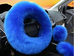 Yontree Fashion Fluffy Steering Wheel Covers for Women/Girls/Ladies Australia Pure Wool 15 Inch 1 Set 3 Pcs (Blue)