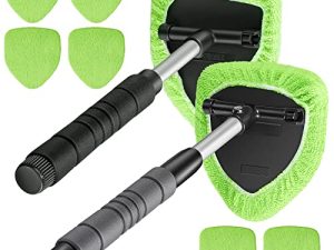 2 Sets Windshield Cleaner Car Window Cleaner Car Window Cleaning Tool Glass Cleaner Wiper with Detachable Handle Microfiber Pads and Spray Bottle Car Cleanser Brush Car Cleaning Kit (Green)