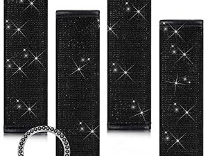 Frienda 4 Pieces Bling Bling Rhinestone Leather Car Seat Belt Shoulder Pads Crystal Diamonds Soft Velvet Handcraft Seatbelt Covers with Start Button Ring Sticker Car Accessories for Women (Black)