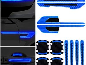 12 Pieces Reflective Car Stickers Set Rearview Mirror Reflective Warning Stickers Car Side Reflective Stickers Car Handle Protectors and Handle Paint Scratch Films for Car Safety (Blue)