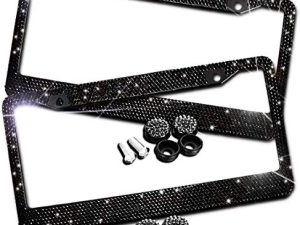 Bling Bling License Plate Frames -2 Pack-8 Row Pure Handmade Waterproof Glitter Rhinestones Crystal License Frames Plate for Cars with 2 Holes with Screws Caps Set