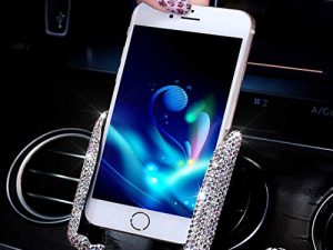 SUNCARACCL Bling Car Phone Holder Mini Car Dash Air Vent Automatic Phone Mount Universal 360°Adjustable Crystal Auto Car Stand Phone Holder Car Accessories for Women and Girls (White)