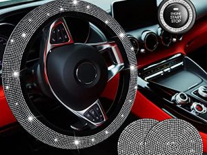 5 PCS Crystal Diamond Bling Steering Wheel Cover Car Coaster Rhinestone Sticker for Car Start Button Starter Ring Car Interior Accessories(Black with White Diamond)