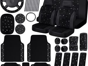 39 Pcs Bling Velvet Fabric Car Seat Covers Full Set Black Bling Car Accessories for Women Diamond Steering Wheel Cover Rhinestone Crystal Seat Belt Cover Center Console Pad Floor Mat Car Decor (black)