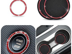 EcoNour Car Coasters (2 Pack) with Push Start Button Bling Ring (1 Pack) | Anti-Slip Car Coasters for Women | Unique Cup Holder Coaster with Crystal Rhinestones | Perfect Decor for Cars