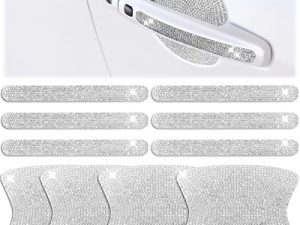 Frienda 10 Pieces Bling Car Door Handle Protector Rhinestone Universal Car Handle Cover Reflective Bling Car Handle Cover Car Door Bowl Protection for Car Laptops Decoration (Silver)